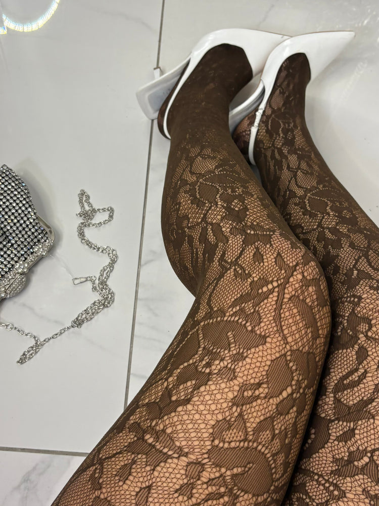 Lace Floral Pattern Tights - Chocolate