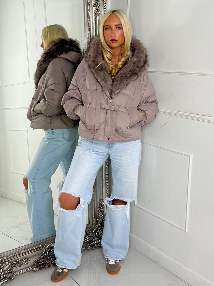 Hooded Faux Fur Puffer Coat With Buckle Detail - Grey/Mauve