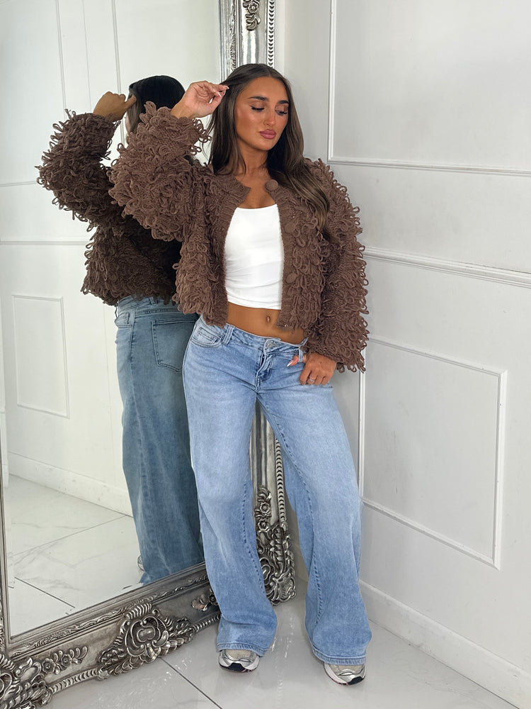 Soft Fluffy Loop Detail Cardigan - Brown