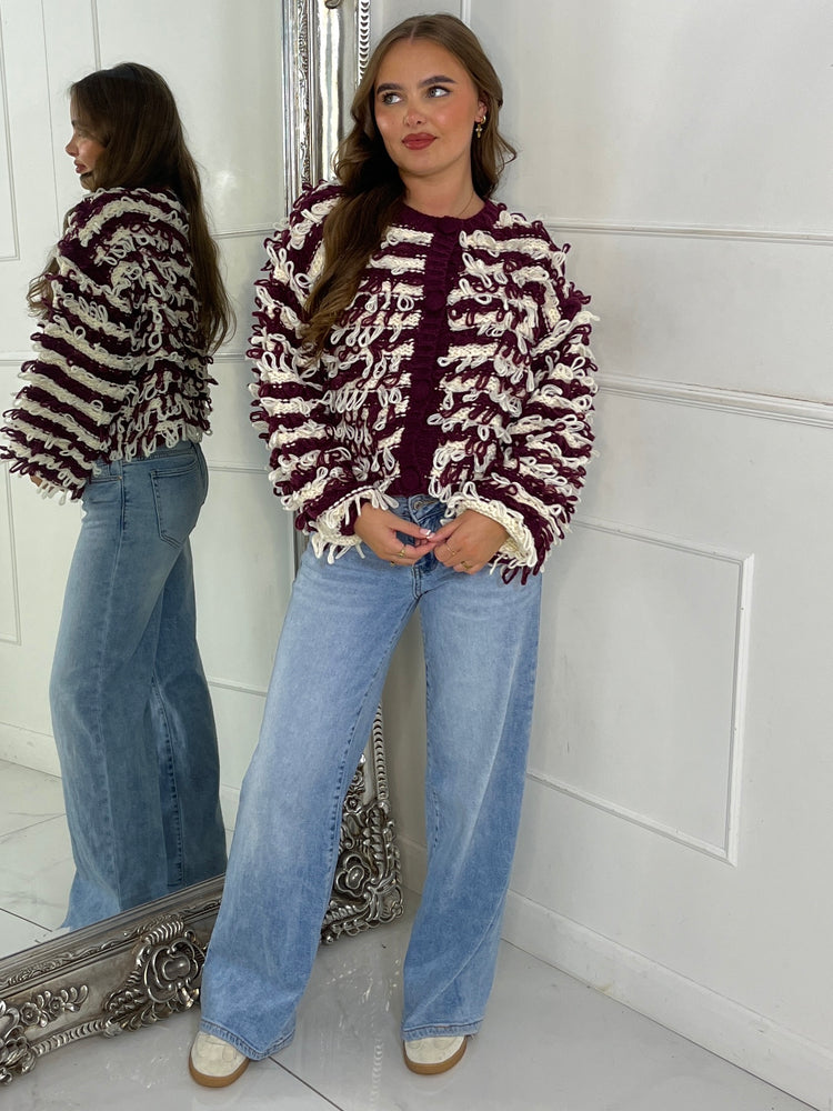 Soft Fluffy Loop Detail Cardigan - Wine/Cream Mixed