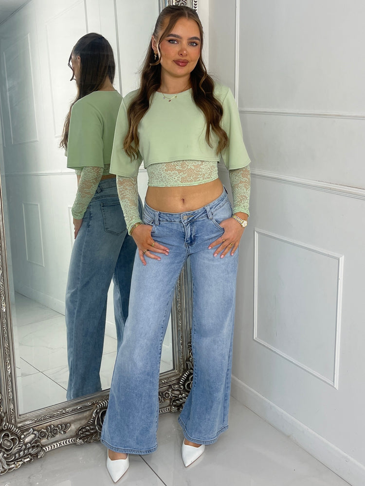 Round Neck Lace Underlayer Long Sleeved Cropped Top - Sage Green