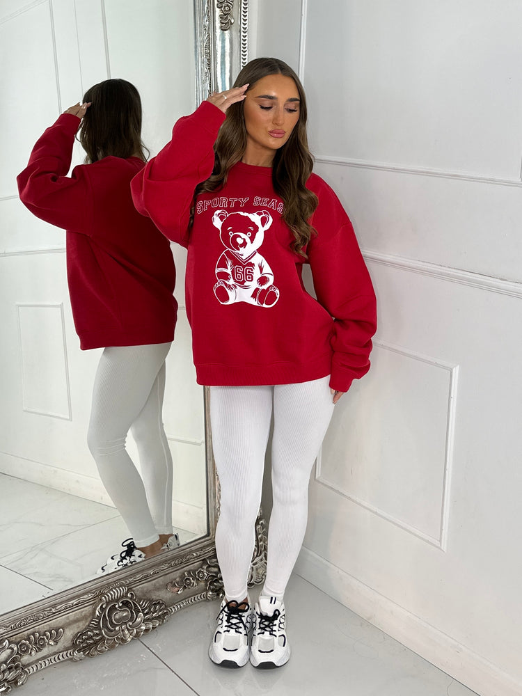 Oversized Sporty Season Teddy Bear Sweatshirt - Red & White