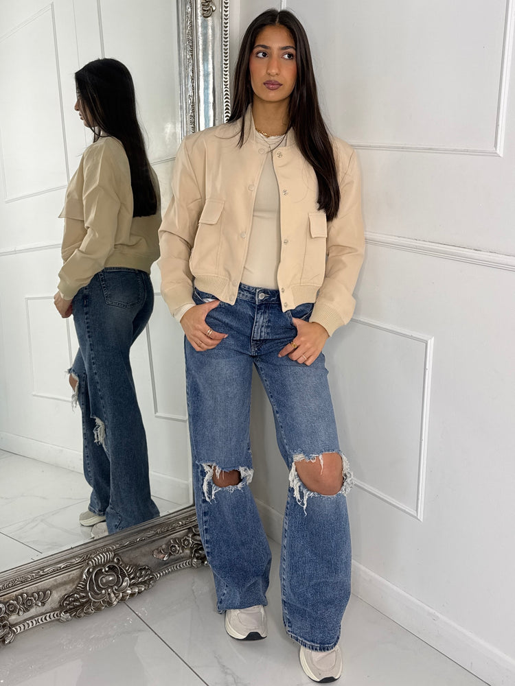 Cropped Pocket Detail Bomber Jacket - Cream