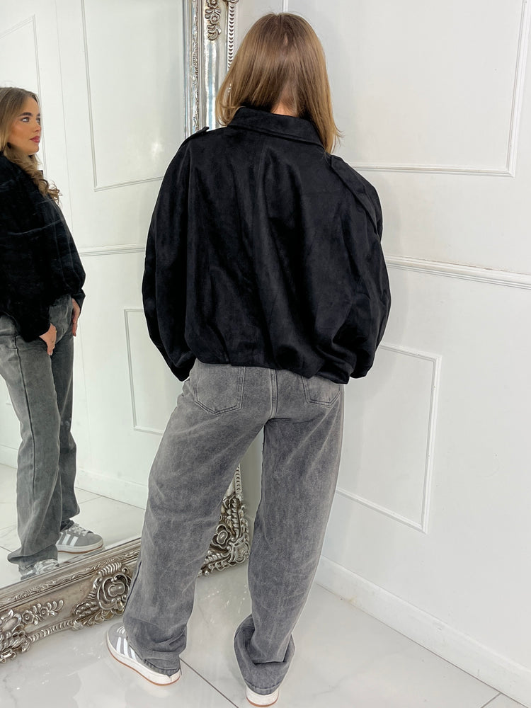 Suede Collared Oversized Bomber Jacket - Black