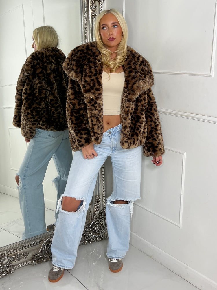 Leopard Print Faux Fur Collared Jacket - Brown