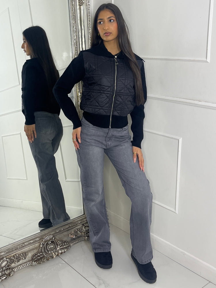 Ribbed Sleeve Padded Jacket - Black