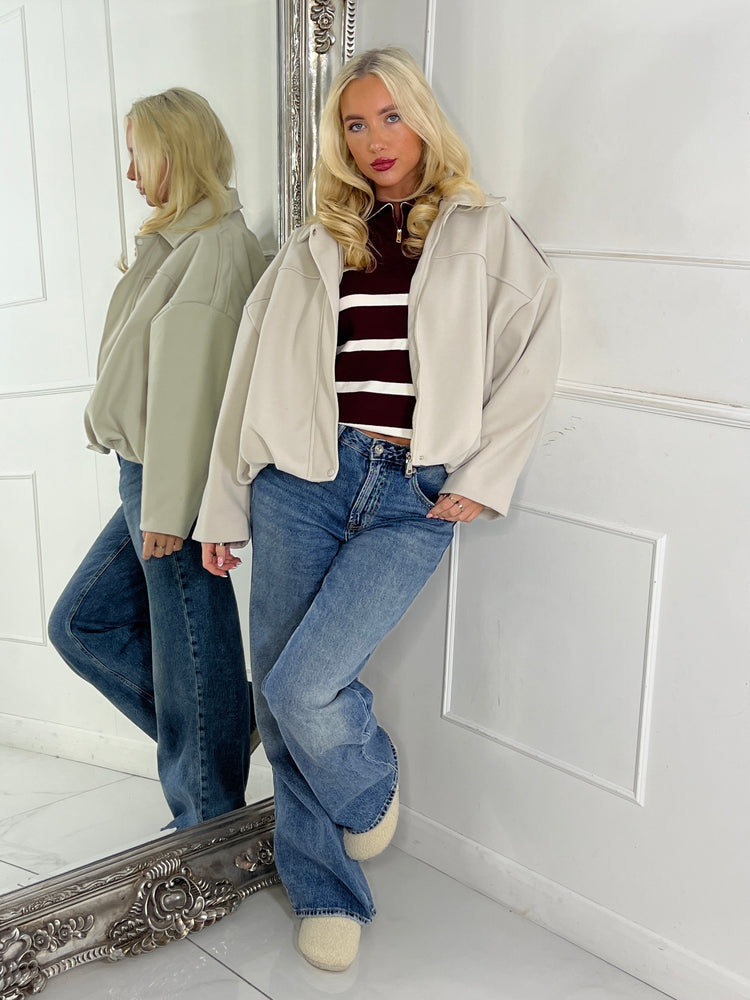 Collared Oversized Bomber Jacket - Cream