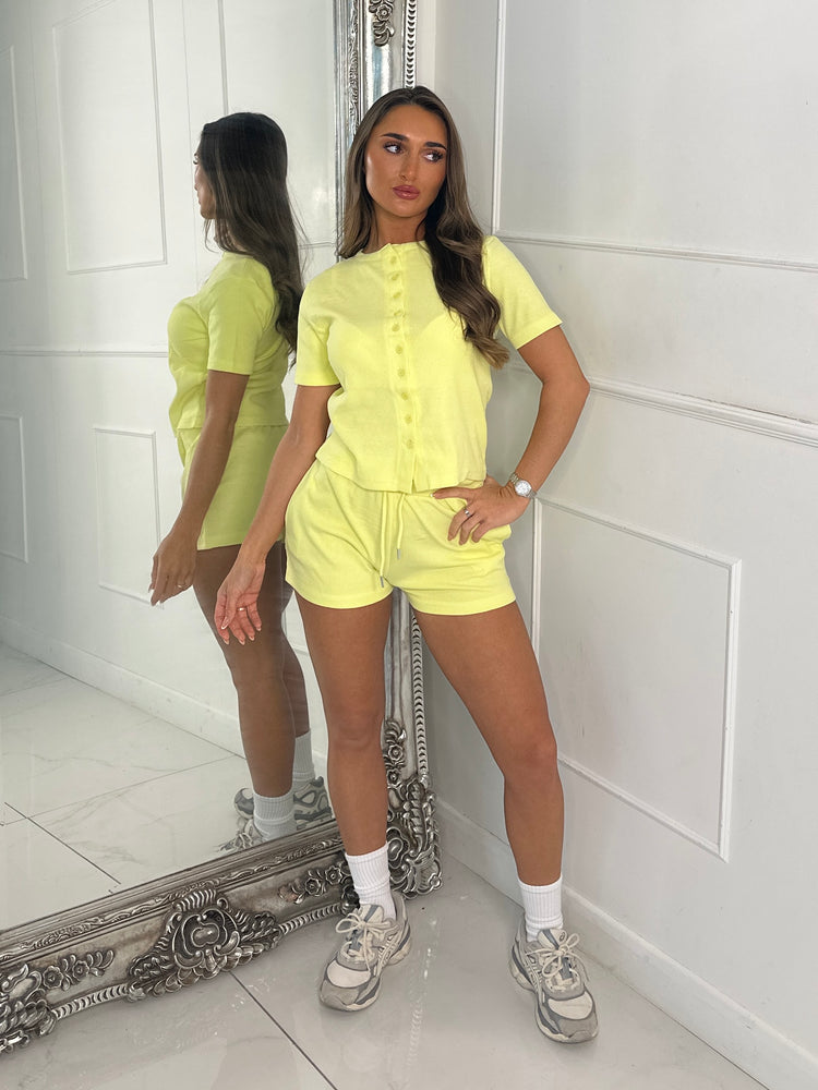 Round Neck Button Up Ribbed Top & Drawstring Shorts Co-ord - Yellow