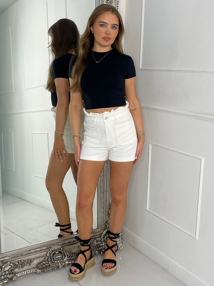Pocket Detail Paper Bag Denim Shorts - White