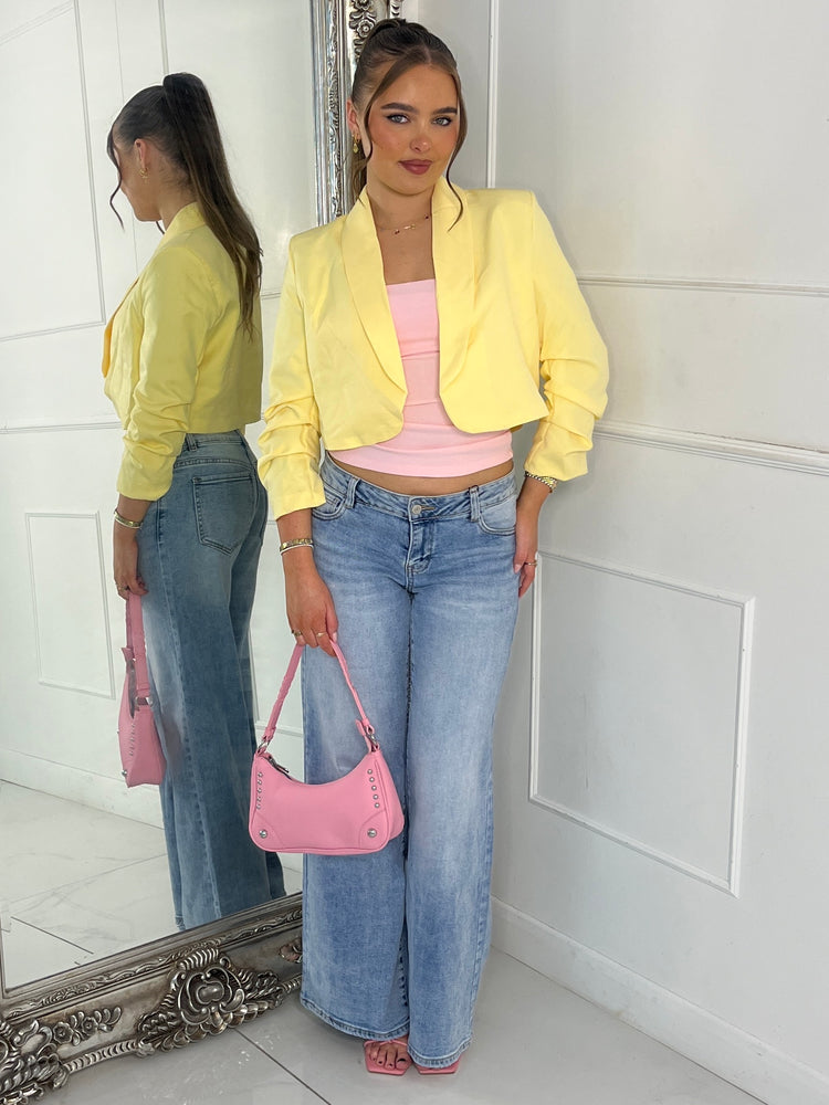 Cropped Ruched Sleeve Blazer - Yellow
