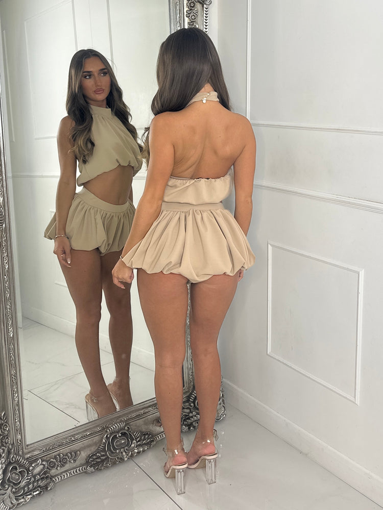 Backless High Neck Top & Band Detail Puffball Skort - Beige