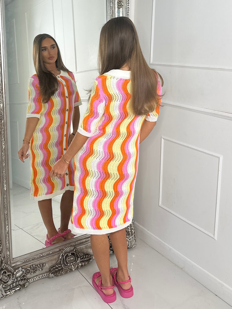 Multi Coloured Collar Detail Crochet Dress - White/Pink/Yellow