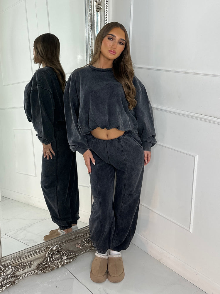 Bubble Hem Sweatshirt & Joggers Tracksuit - Acid Charcoal
