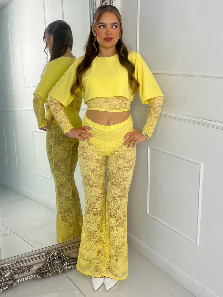 Round Neck Lace Underlayer Long Sleeved Cropped Top & Built In Knicker Underlayer Lace Flares Co-Ord - Yellow