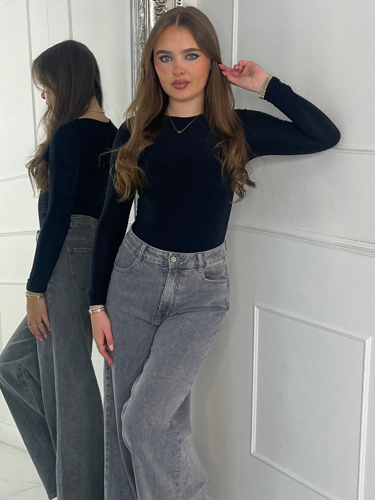 Round Neck Long Sleeve Bodysuit - Black