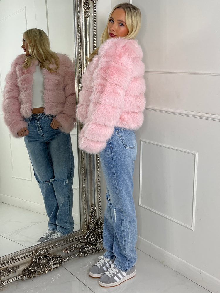 Tiered Faux Fur Jacket - Baby Pink