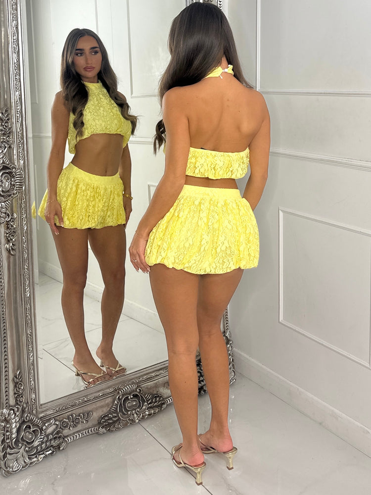 Backless High Neck Top & Band Detail Puffball Skort - Yellow Lace