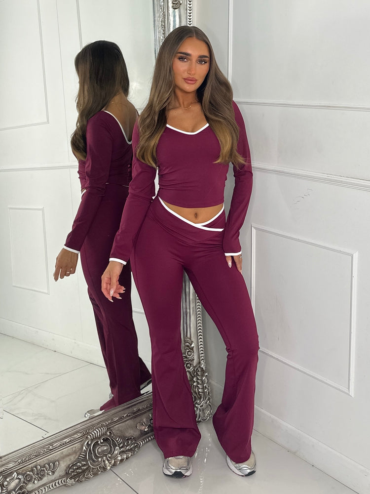 Crossover Ruched Bum Flares & Line Detail Long Sleeved Top - Wine