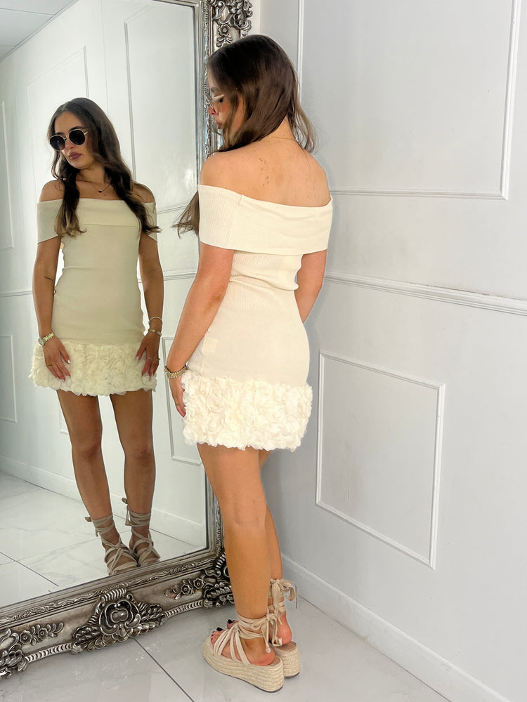 Mesh Ruffle Bottom Off Shoulder Dress - Beige