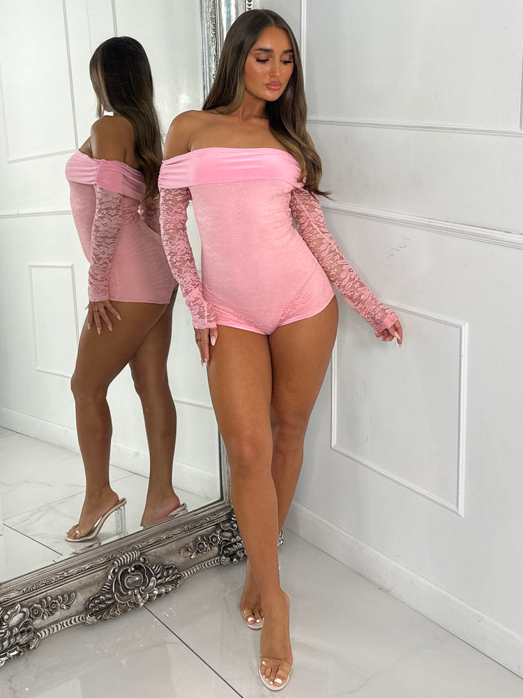 Bandeau Lace Long Sleeve Playsuit - Baby Pink