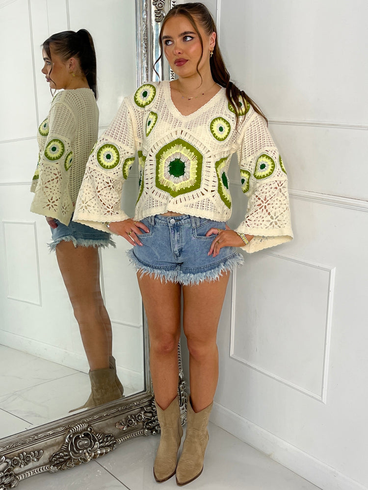 Flare sleeve V Neck Crochet Top - Beige/Multi Four