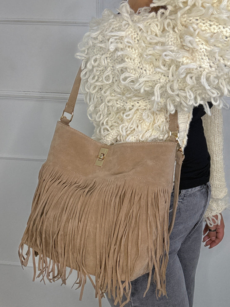 Large Suede Full Tassel Gold Lock Detail Shoulder Bag - Beige