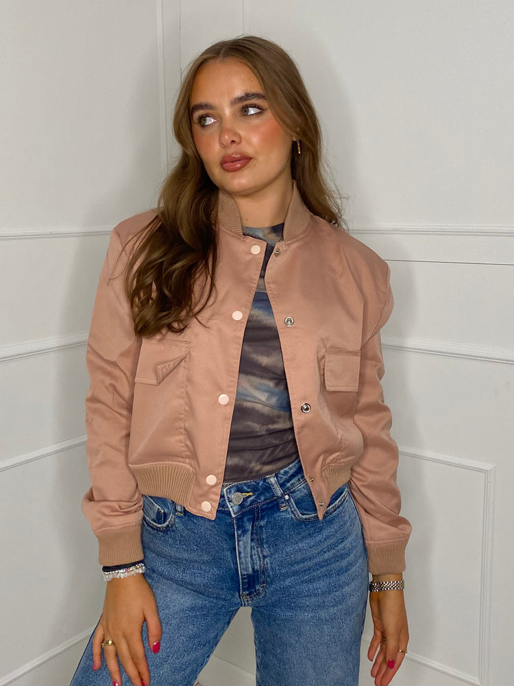 Cropped Pocket Detail Bomber Jacket - Peach