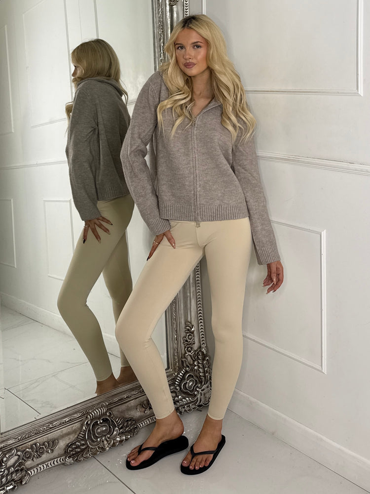 Zip Up Detail Long Sleeve Cropped Knitted Ribbed Jumper-Taupe