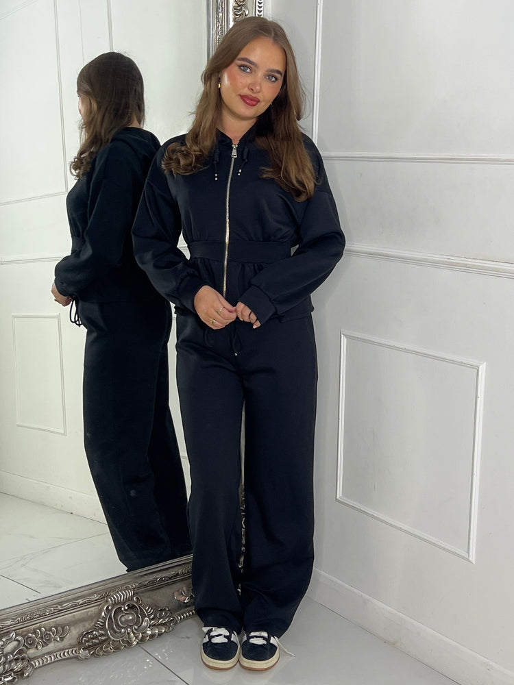 Straight Leg Trousers & Sinch Waist Detail Hoodie Co Ord - Black