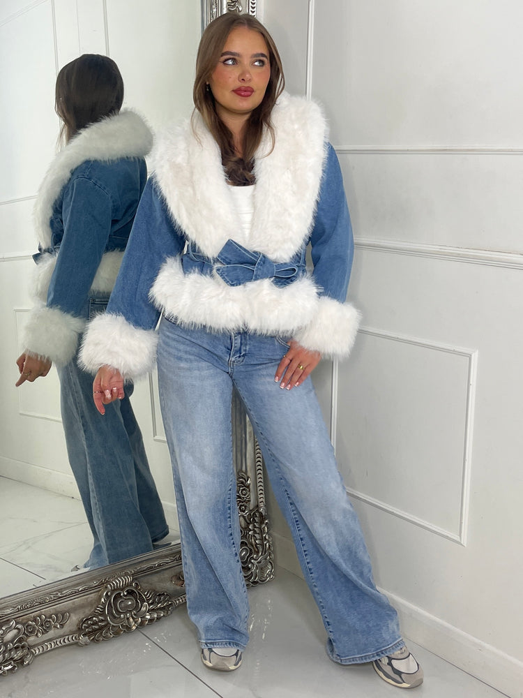 Denim Fur trim Detail Jacket - Blue/White
