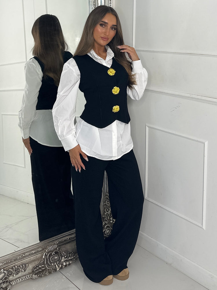 3 Piece Knitted Waistcoat & Shirt Set - Black