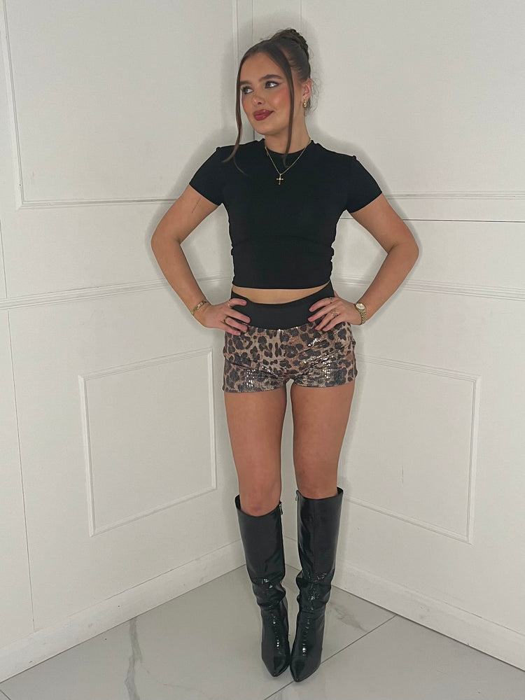 Super Shine Leopard Sequin Band Detail Shorts