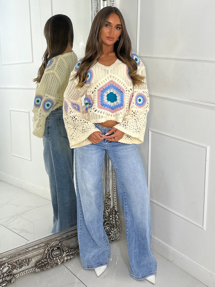 Flare sleeve V Neck Crochet Top - Beige/Multi Five