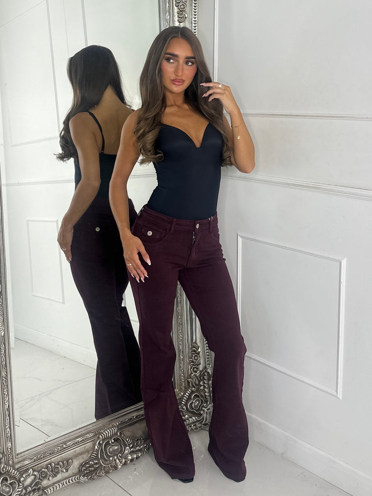 Pocket Back Detail Flared Jeans- Wine