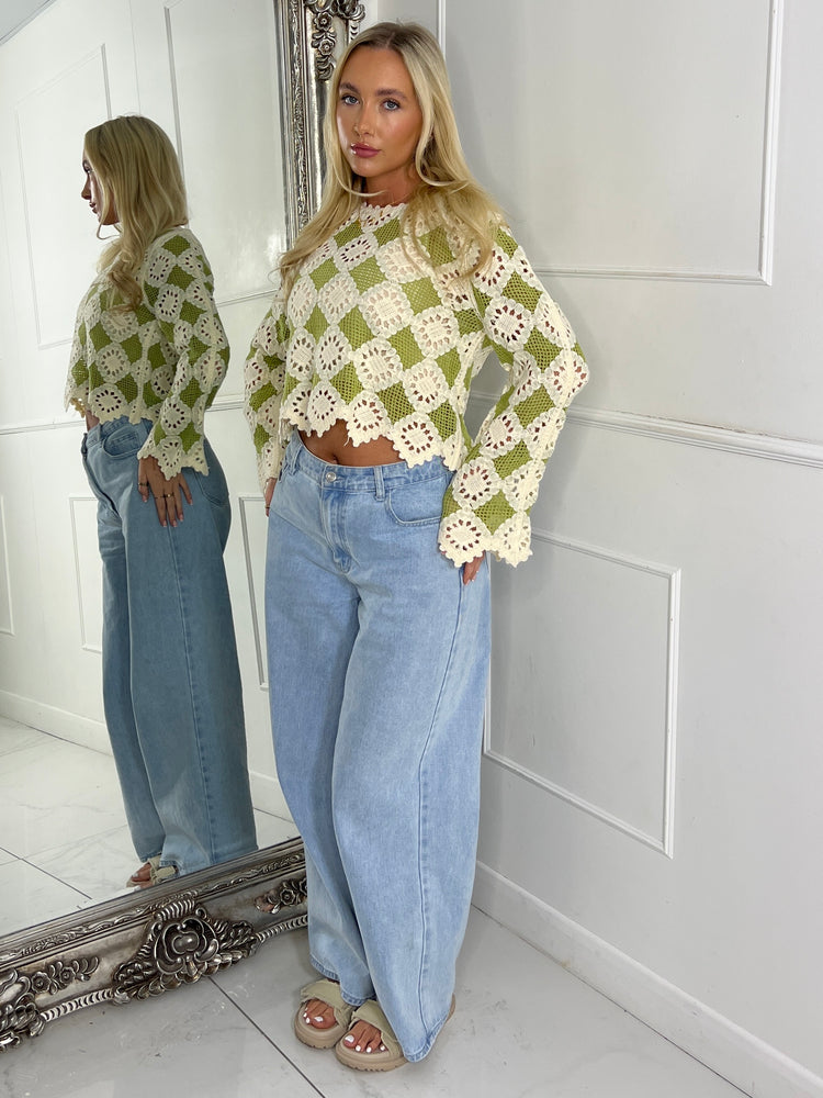 Multi Colour Contrast Crochet Top - Beige & Sage