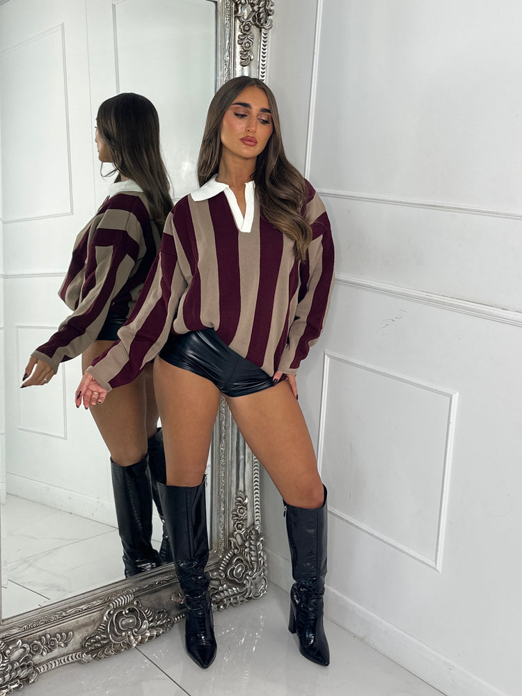 ‘Seville 98’ Striped Varsity Jumper - Wine/Beige