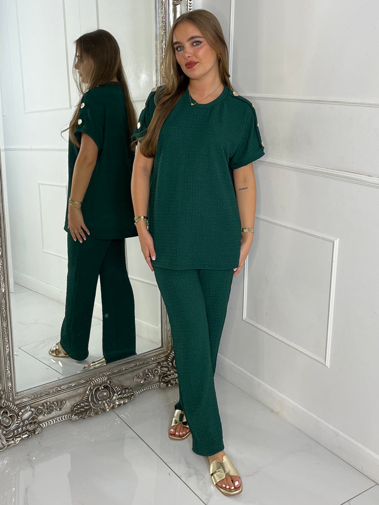 Gold Button Detail Oversized Top & Wide Leg Pants Co-Ord - Emerald