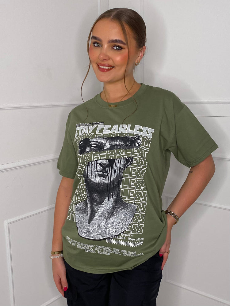 Fearless Statue Print T-shirt- Khaki Green