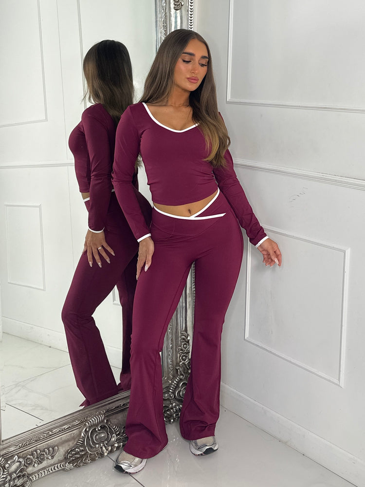 Crossover Ruched Bum Flares & Line Detail Long Sleeved Top - Wine