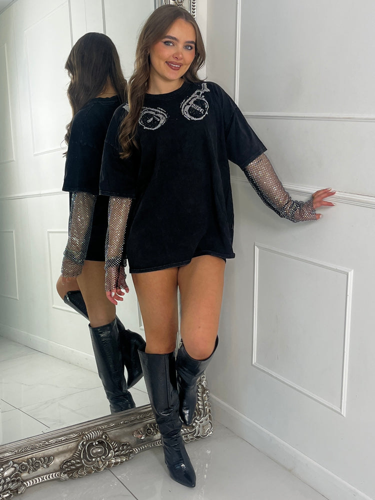 Diamante Headphones Chainmail Sleeve Oversized Tshirt - Black