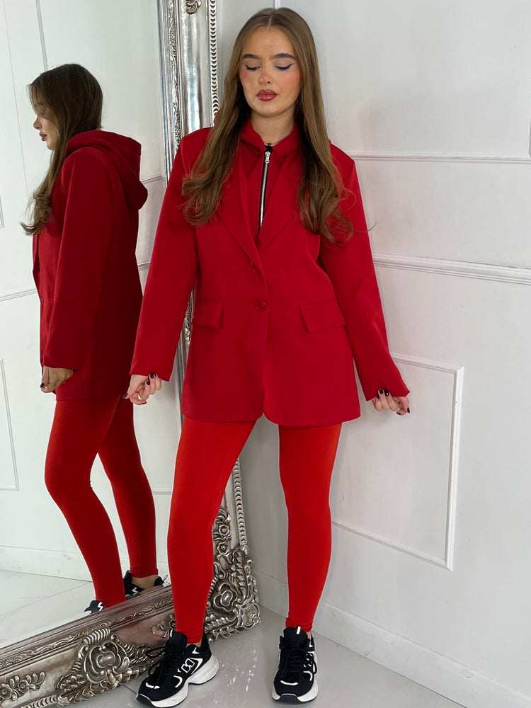 Oversized Blazer With Red Attached Hood - Red