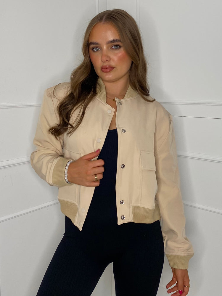 Cropped Pocket Detail Bomber Jacket -Beige