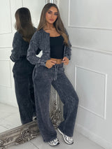 Cropped Zip Up Acid Wash Tracksuit - Charcoal Grey
