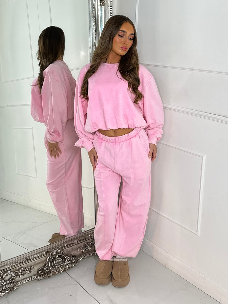 Bubble Hem Sweatshirt & Joggers Tracksuit - Acid Pink