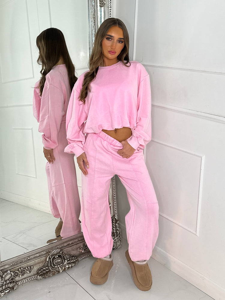 Bubble Hem Sweatshirt & Joggers Tracksuit - Acid Pink