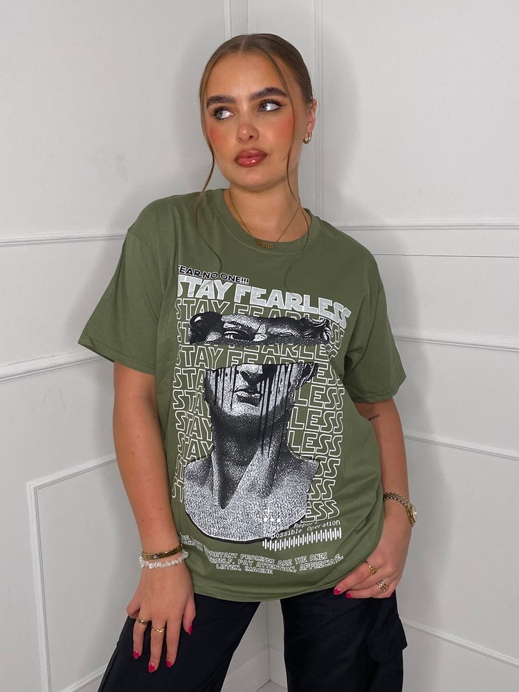 Fearless Statue Print T-shirt- Khaki Green
