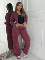 Cropped Zip Up Acid Wash Tracksuit - Wine