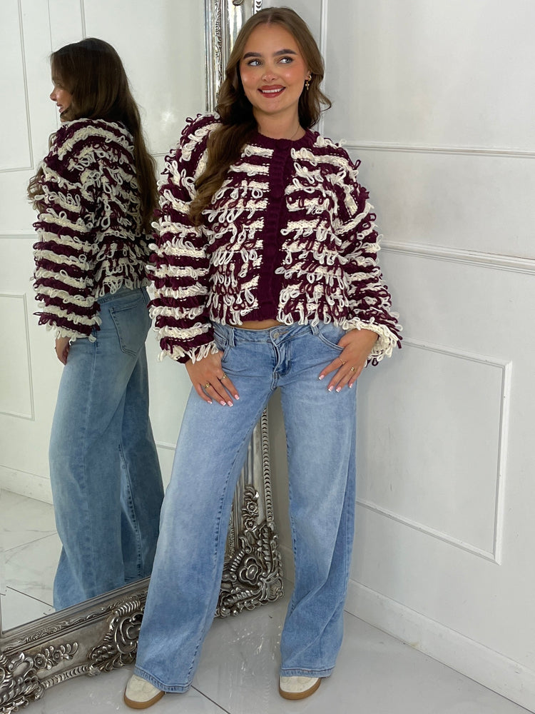 Soft Fluffy Loop Detail Cardigan - Wine/Cream Mixed