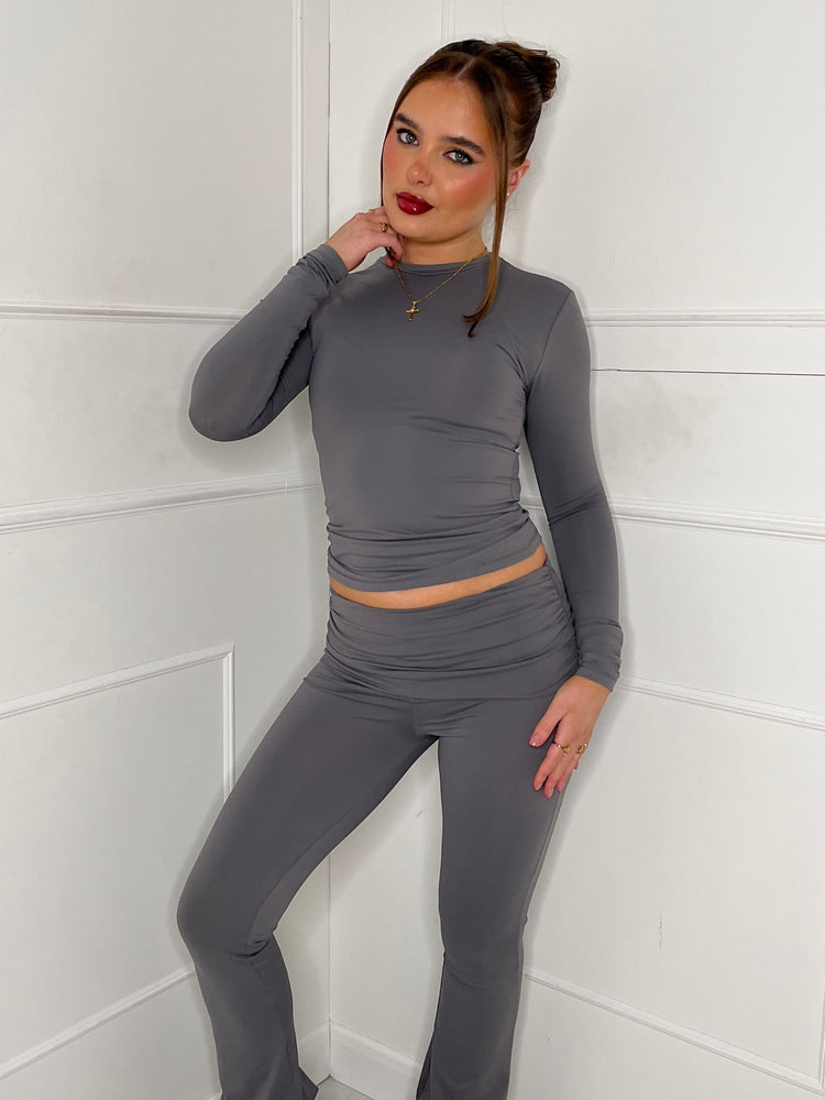 Long Sleeve Round Neck Top & Flares Co-Ord Second Skin - Charcoal