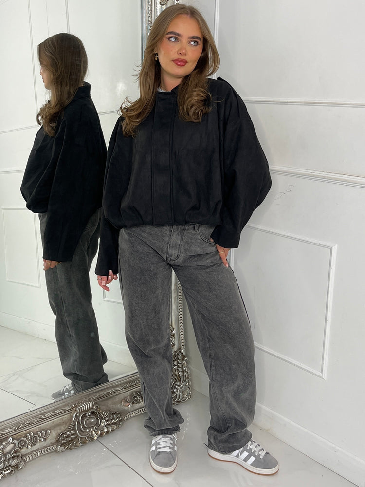 Suede Collared Oversized Bomber Jacket - Black